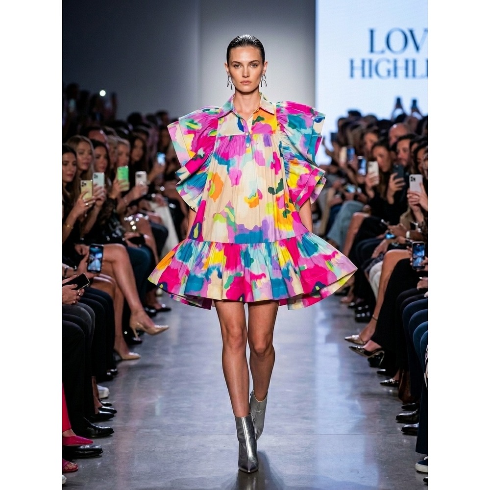 Love Highlight Dress Women Abstract Floral Ruffle Butterfly Sleeve Babydoll M